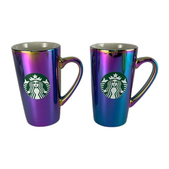 Set of 2 Starbucks 16oz Iridescent Oil Slick Ceramic Mugs LIGHT DAMAGE/SEE PHOTO - Picture 1 of 11